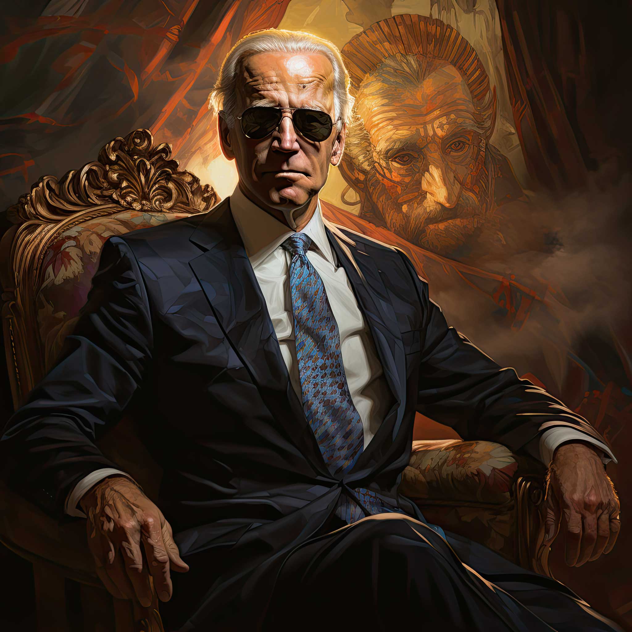 Stylized portrait of Joe Biden seated in an ornate throne-like chair with a dramatic background.