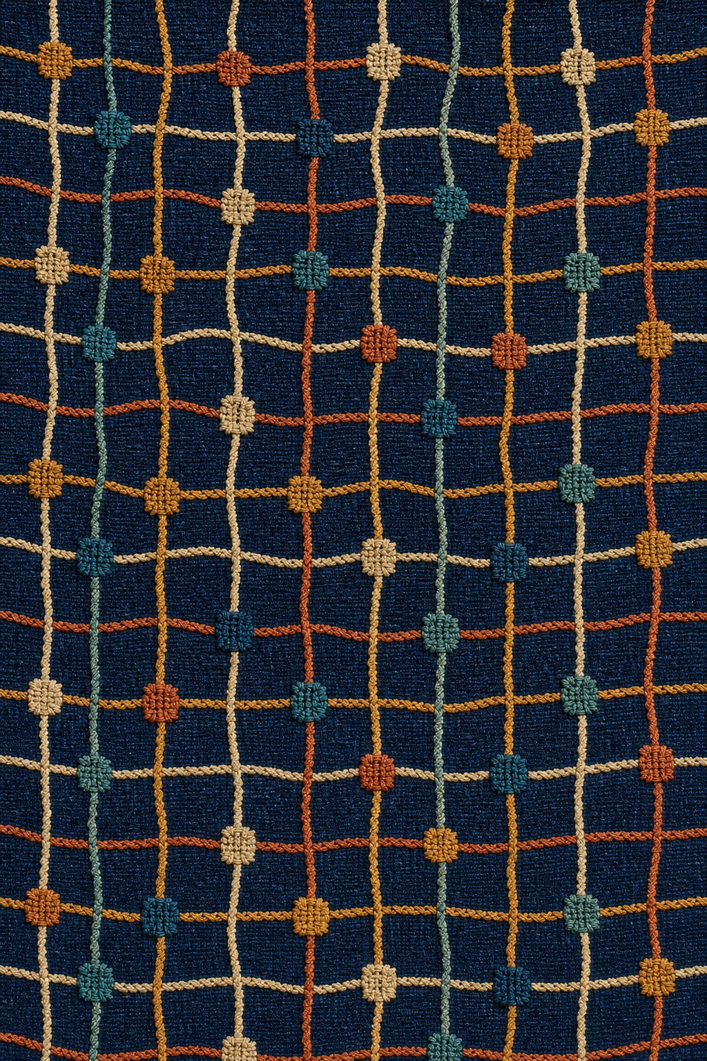 Dark woven textile with an orange stitched grid and small teal and beige accents.