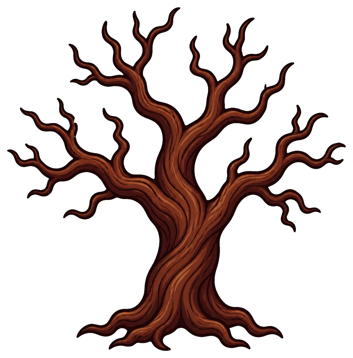 Twisted spooky tree with bare branches and glowing orange outline on black background