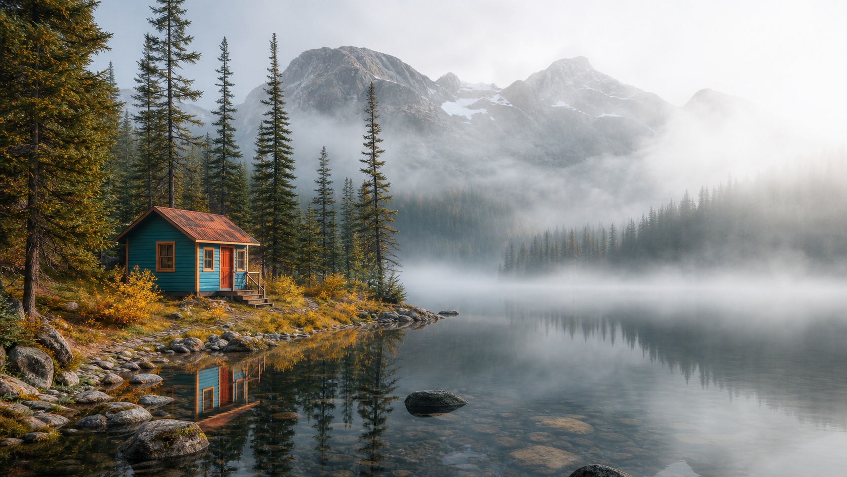 Small cabin beside a misty mountain lake with reflections and fog over the water.
