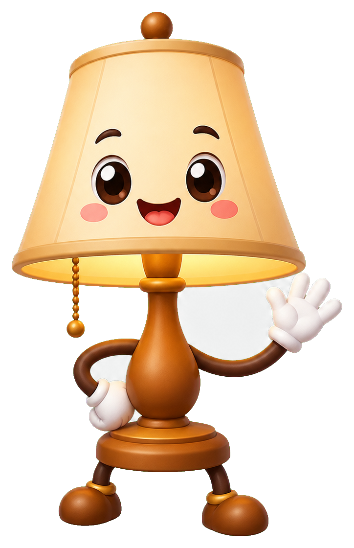 Cute smiling lamp mascot character waving with white gloves and rosy cheeks.