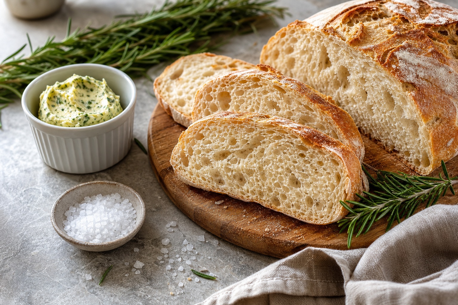 Artisan bread on a wooden board with herbs, salt, and a small bowl on a kitchen counter.