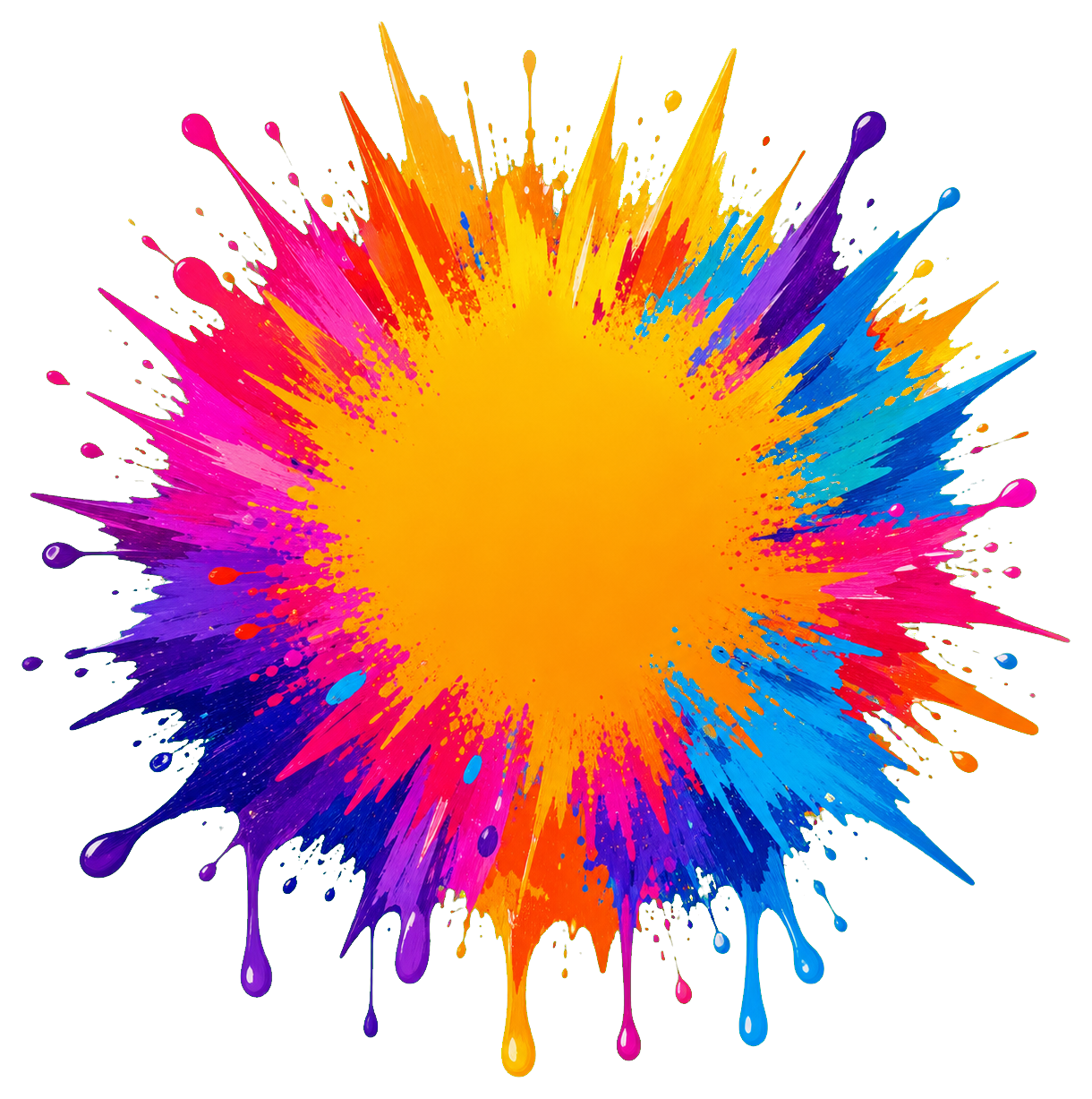 Bright multicolor paint burst badge with spiky splashes and splatter edges