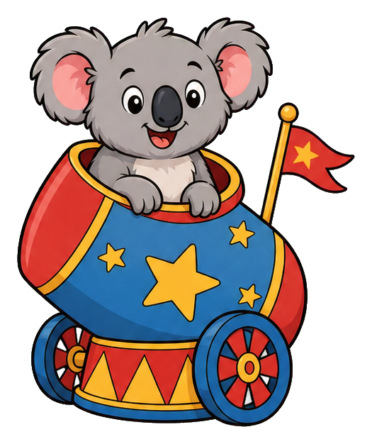 Cartoon koala sitting in a decorated circus cannon with stars and a small flag.