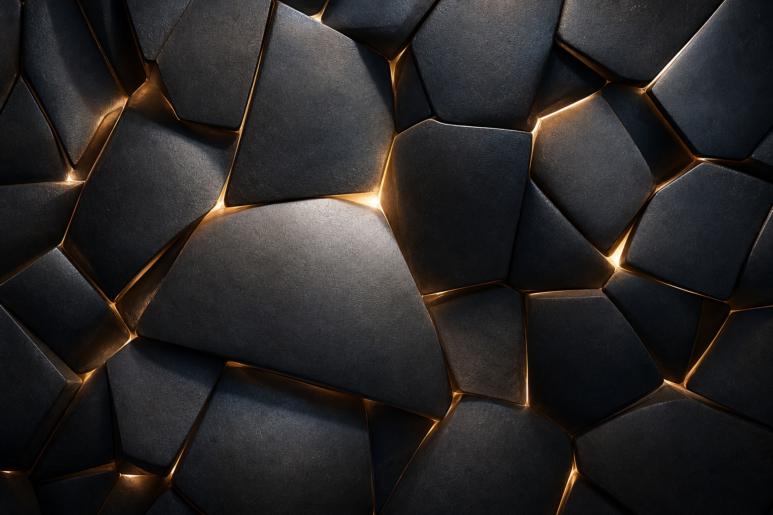 Dark geometric abstract background with glowing orange seams between textured panels
