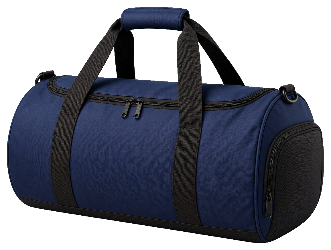 Plain blue gym bag with black straps and side panels