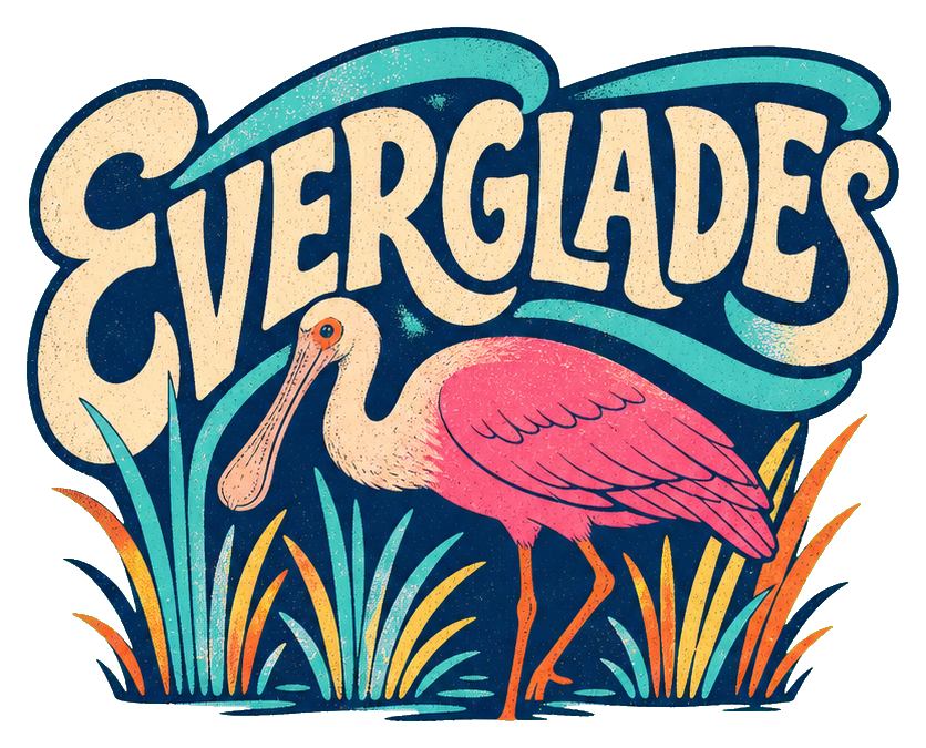 Retro Everglades word art with a pink bird and decorative grass