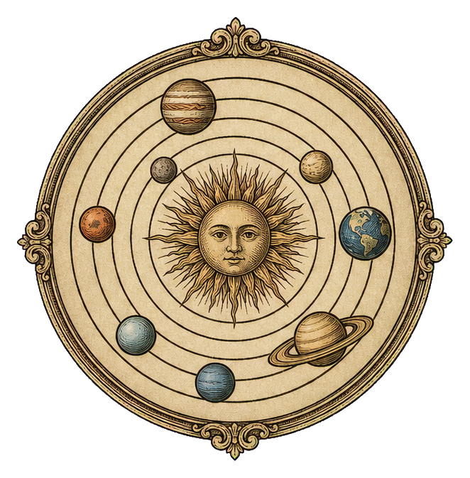 Vintage engraved solar system diagram with planets orbiting a central sun.