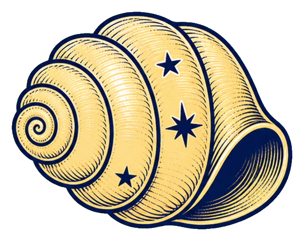 Golden spiral seashell sticker with small star details on a light background