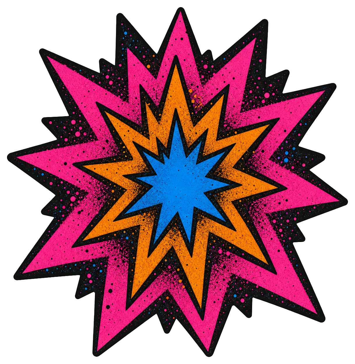 Colorful pink, orange, and blue starburst stencil sticker on a black background