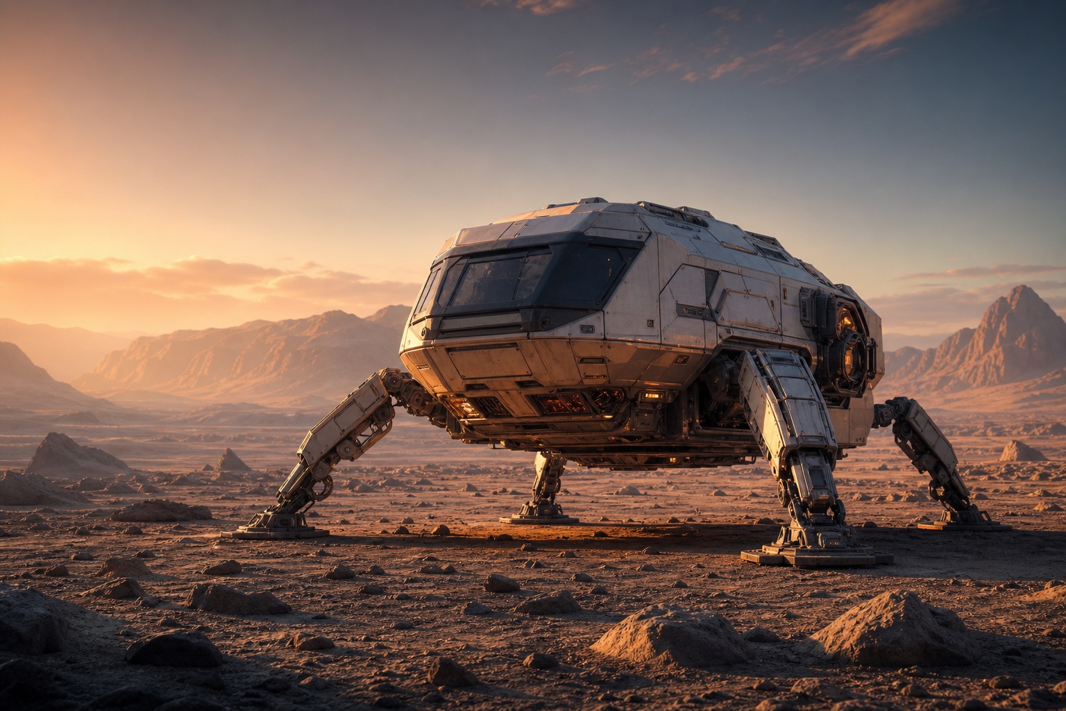 A futuristic planetary lander resting on a rocky desert surface at sunrise.