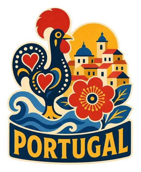 Retro Portugal sticker with a rooster, hearts, flowers, and village rooftops above the word Portugal.