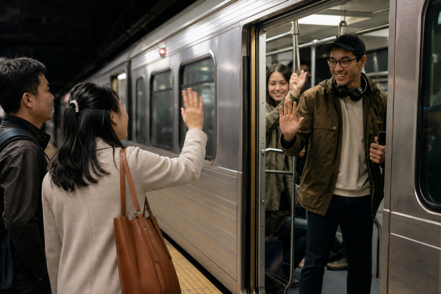 People waving goodbye beside a subway train at a crowded platform