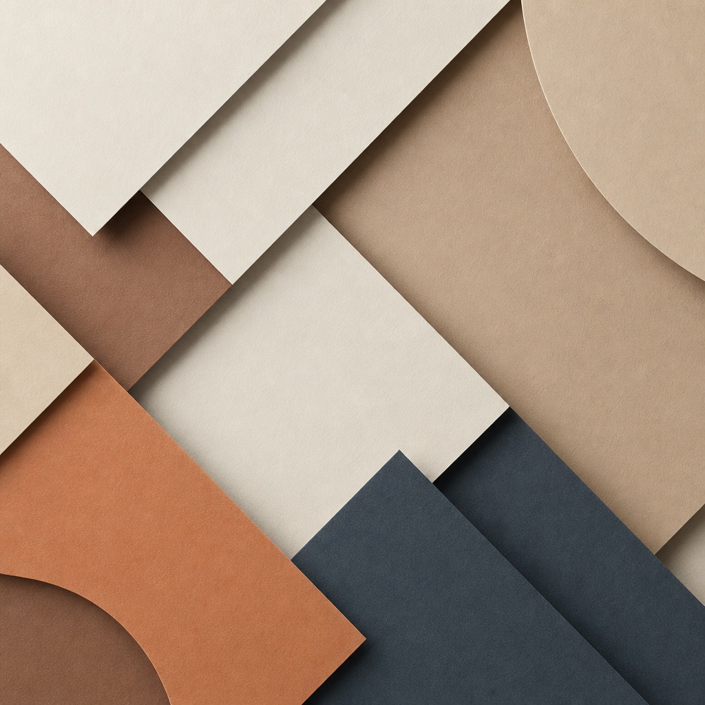 Layered paper cut geometric shapes with soft shadows in beige, orange, and navy tones