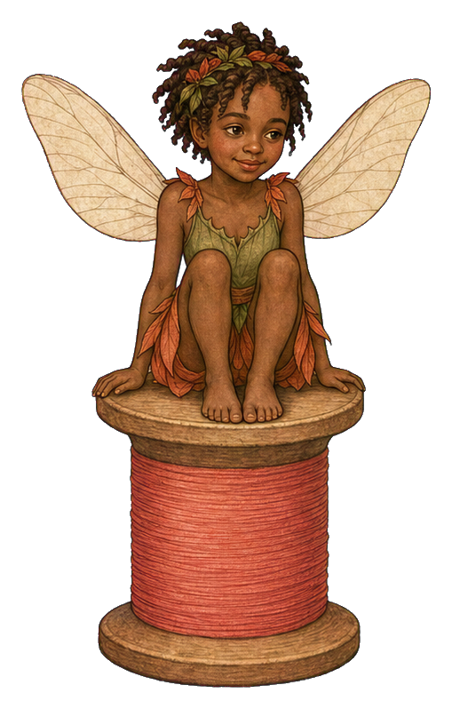 A small fairy with wings sitting on top of a wooden spool.