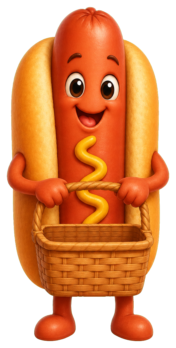 Smiling hot dog character standing in a picnic basket and holding the sides.