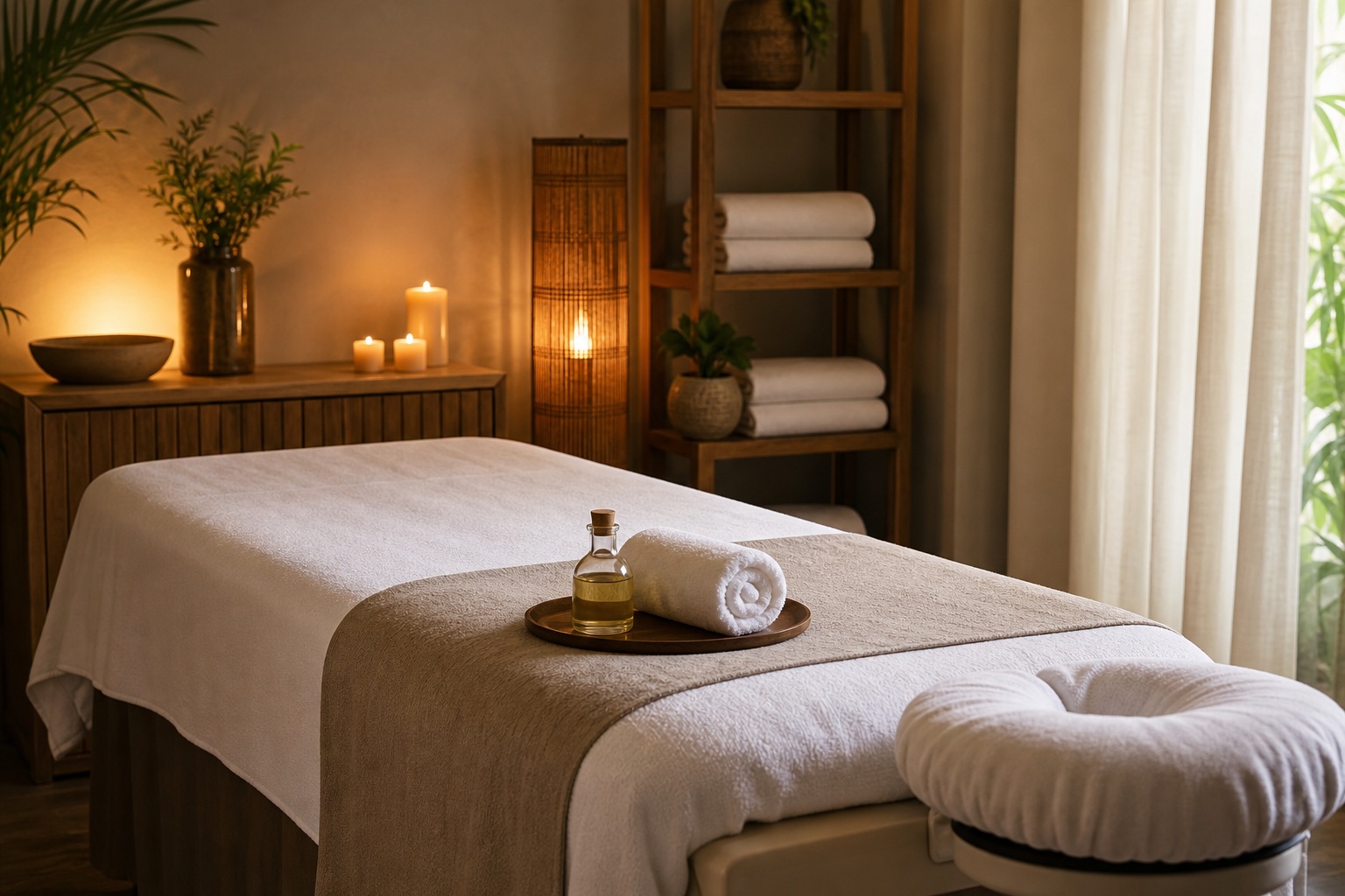 Massage table in a calm spa room with towels, candles, and soft curtains