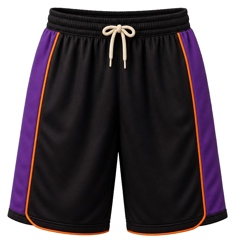 Black basketball shorts with purple side panels, orange trim, and a drawstring waistband