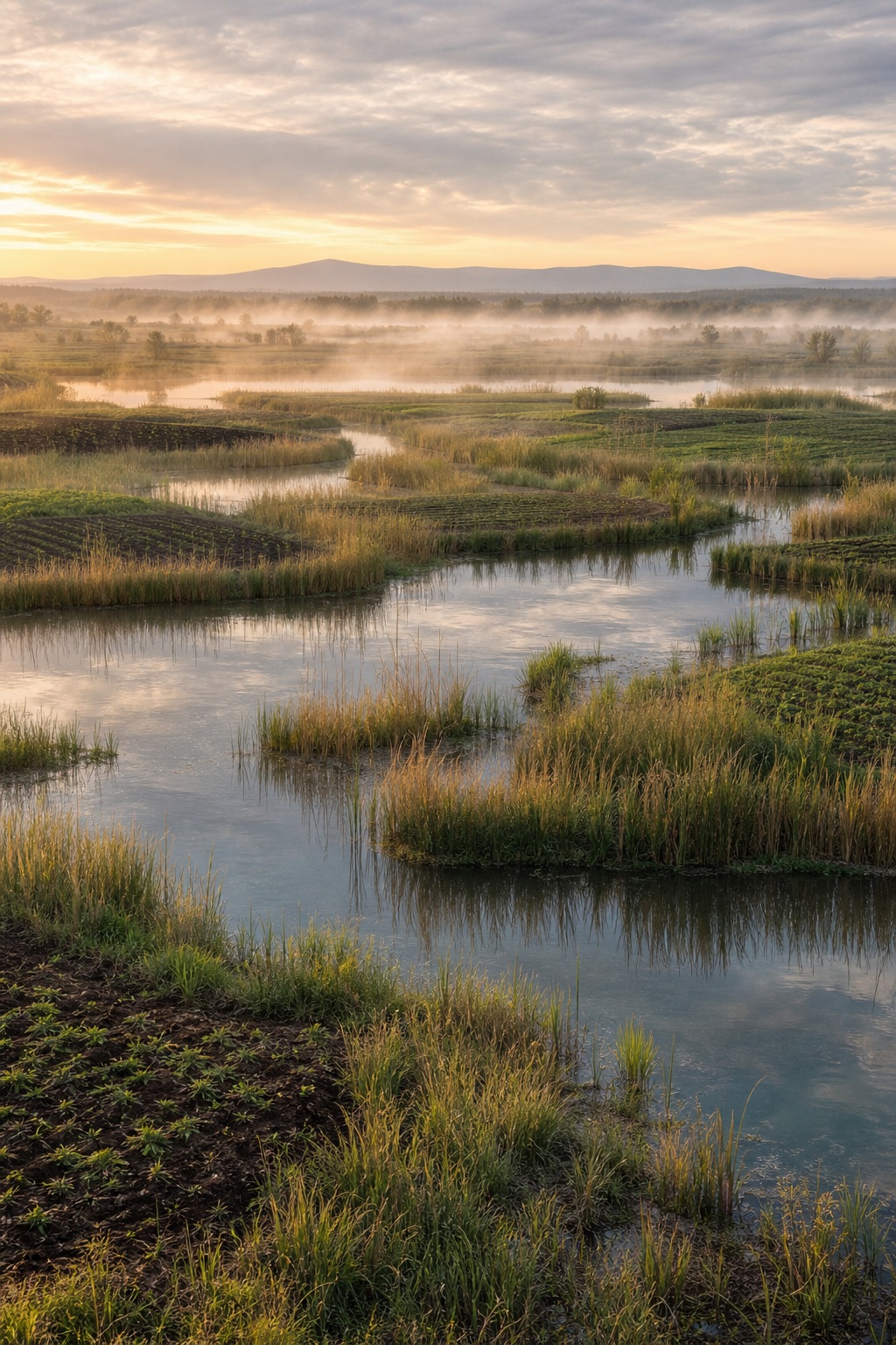 Mist rising over reed-filled waterways and cultivated fields at sunrise.