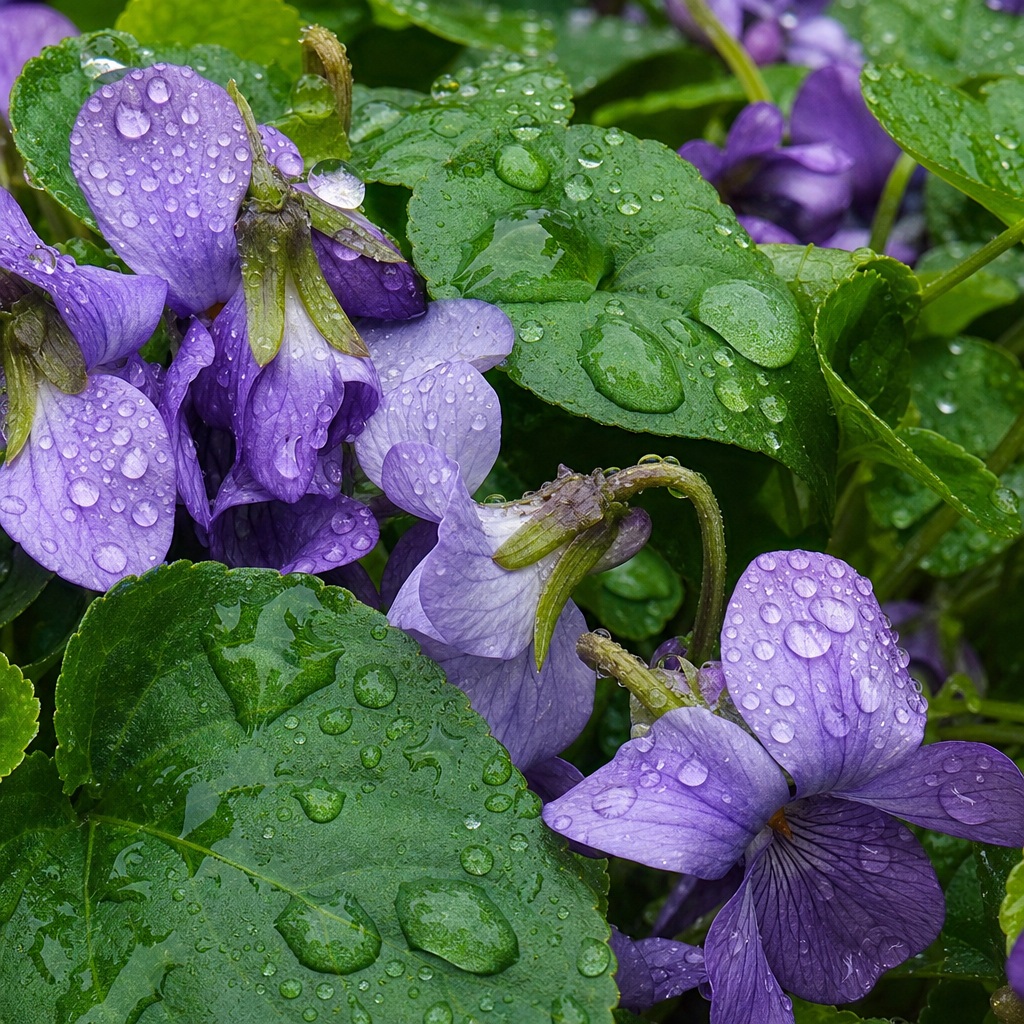 Purple flowers and green leaves covered in rain droplets in a garden macro scene