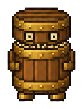 Pixel art brass barrel mimic monster with eyes and teeth
