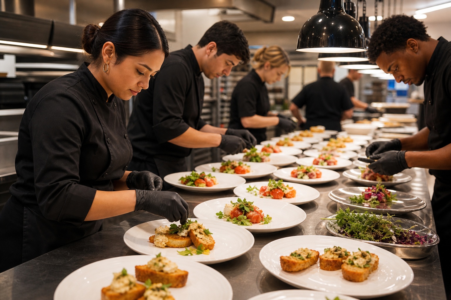 Catering staff plating appetizers in an event kitchen for an event setup.