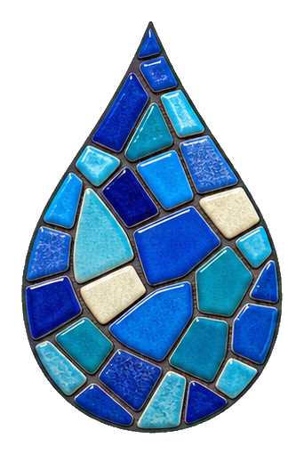 Blue ceramic mosaic water droplet with varied tile pieces