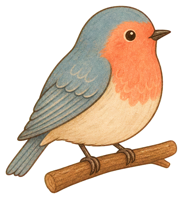Coral breasted robin perched on a branch in a folk art sticker style.