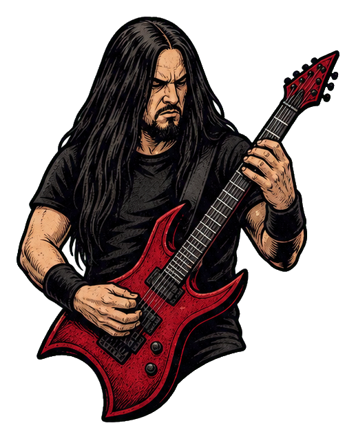 Long-haired guitarist playing a crimson electric guitar on a black background