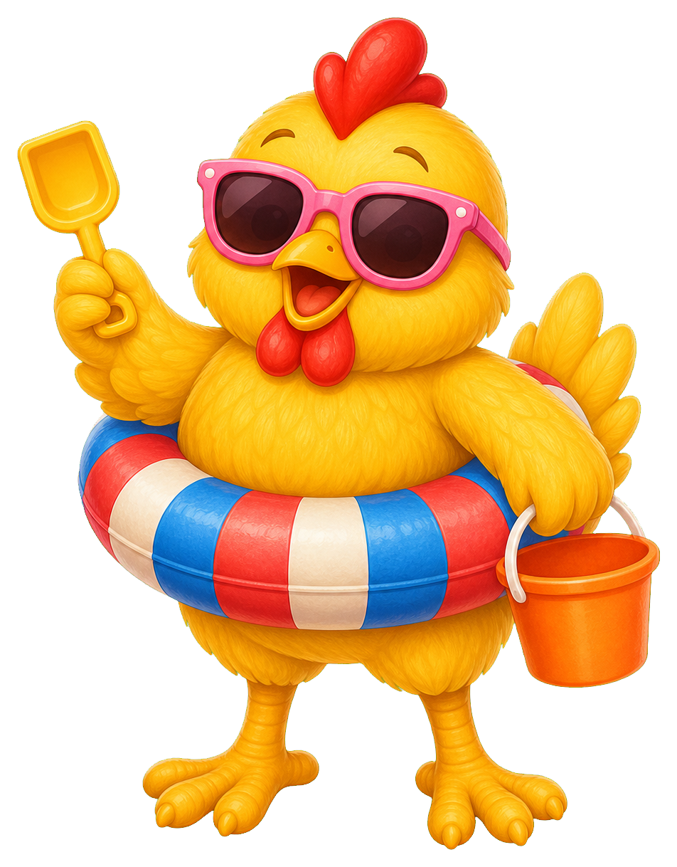 Cute yellow chicken wearing sunglasses and a swim ring, holding a bucket and shovel.