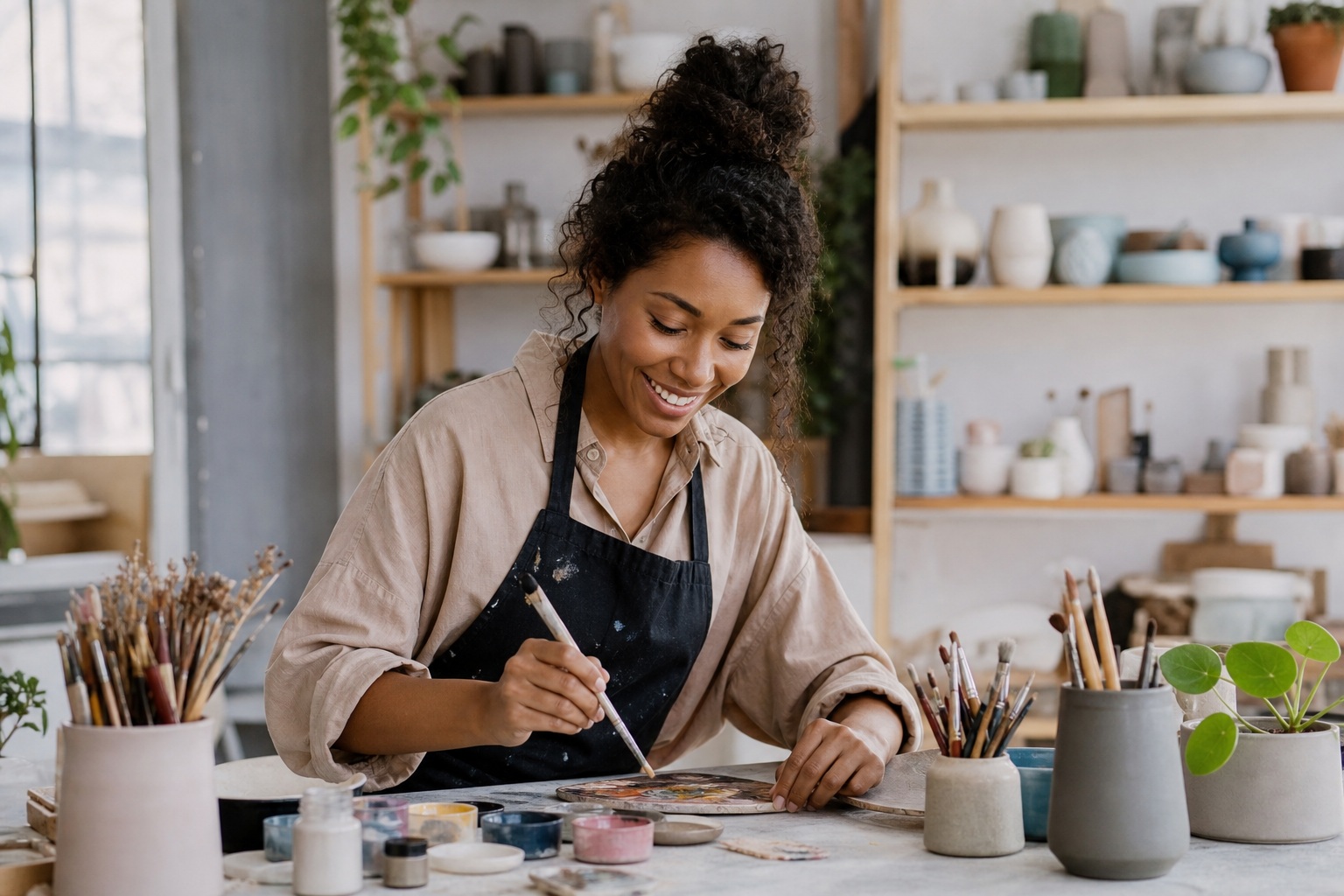 Woman working at a craft table in a bright studio with shelves and plants behind her