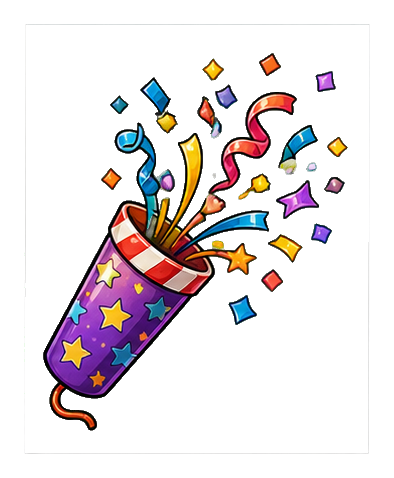 Purple confetti popper bursting with colorful confetti and streamers on a black background