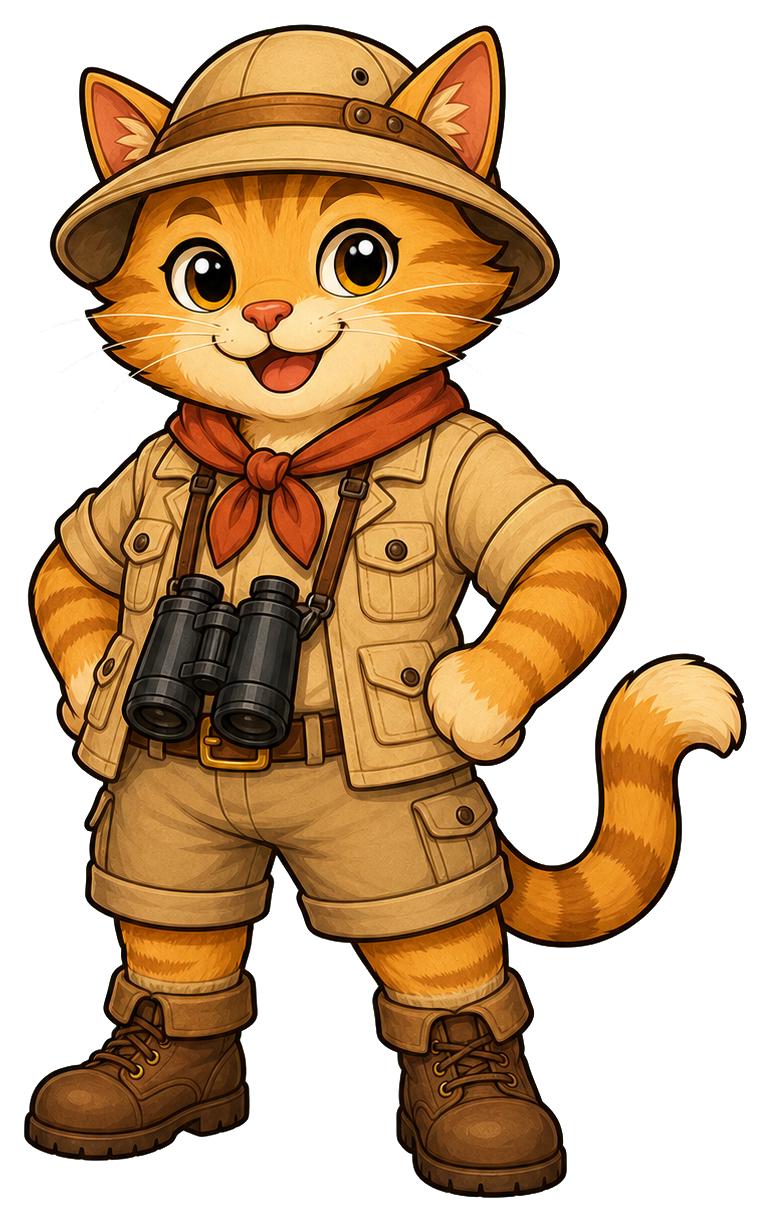 Smiling cat in safari outfit holding binoculars and wearing a hat