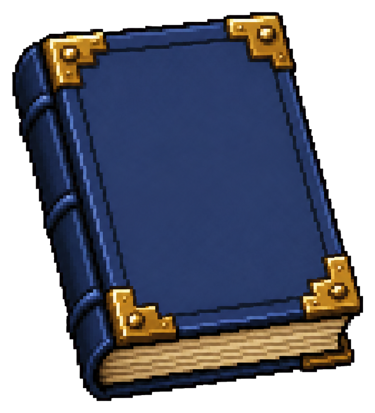Blue pixel art spellbook with gold corner details and a dark spine