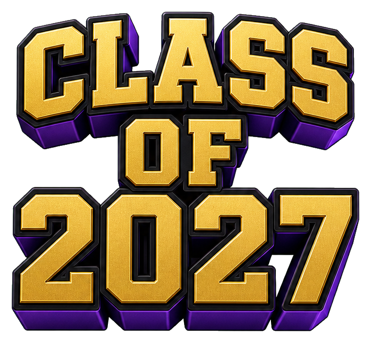 Bold gold and purple Class of 2027 block letters sticker