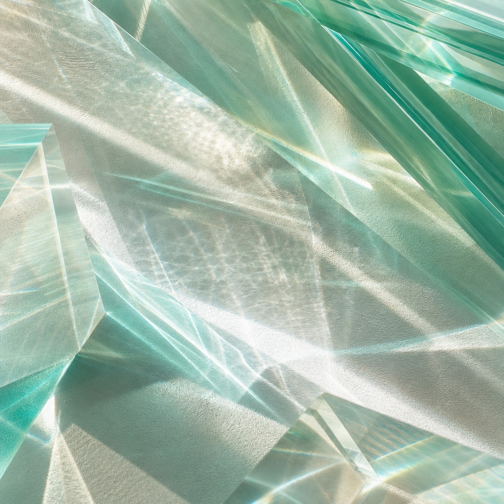 Abstract teal and white glass refraction with prismatic light and soft shadows