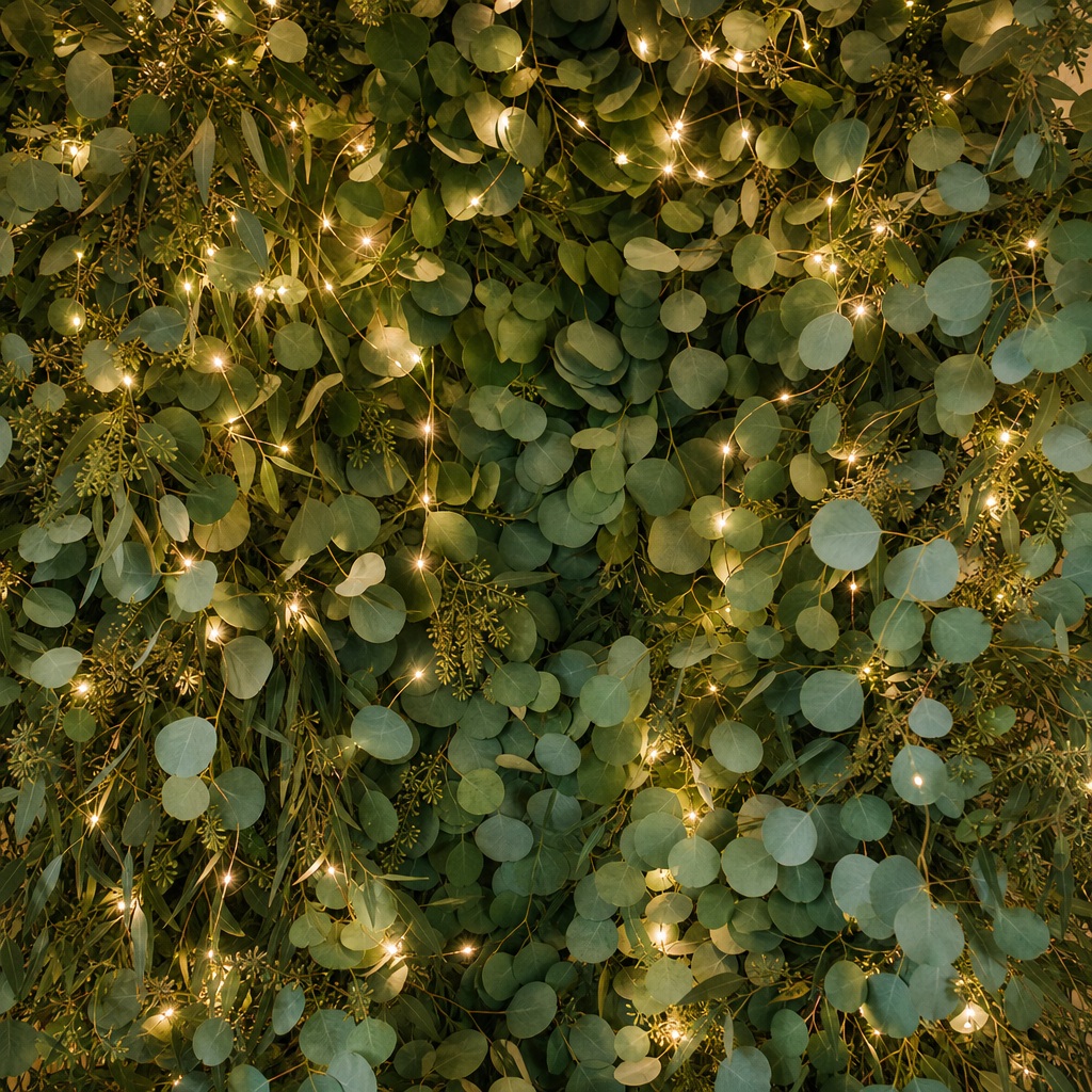 Square background of eucalyptus leaves with soft warm lights and dense greenery