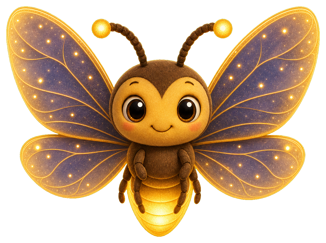 Cute glowing firefly with large wings and a smiling face