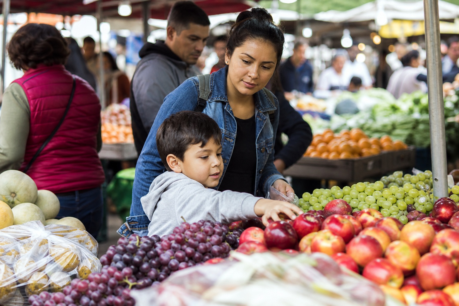 Woman and child choosing fruit at a busy street market produce stall.