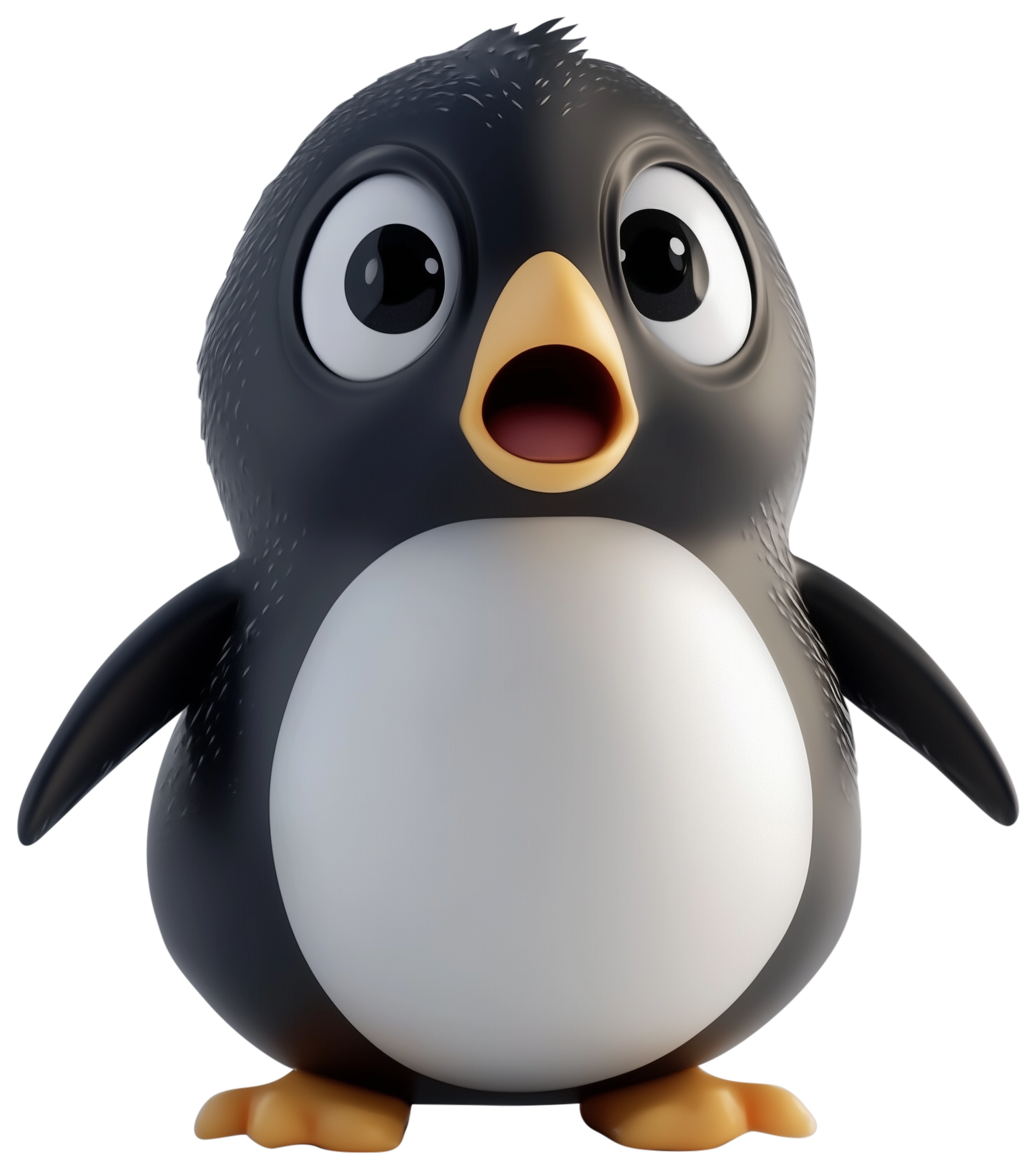 Cute 3D cartoon penguin emoji standing with open beak and round eyes