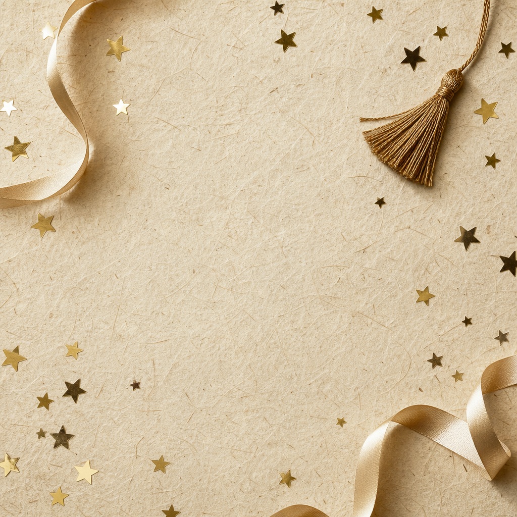 Parchment texture with gold stars, confetti, and ribbon accents in a minimal layout.