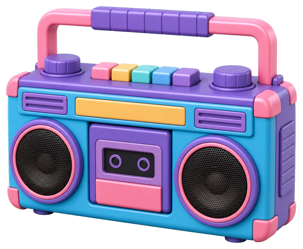 Colorful retro boombox with speakers and a handle on top