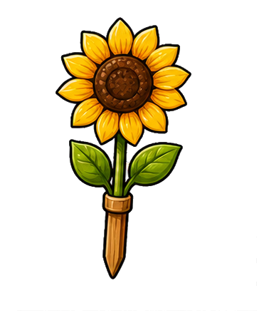 Illustrated sunflower on a wooden stake with two green leaves