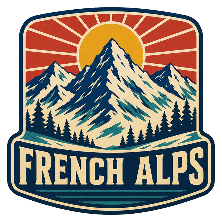 Retro sticker graphic with mountains, sunburst, and the words French Alps