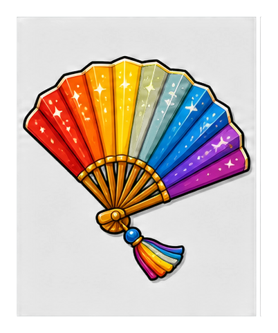A colorful folded fan with rainbow stripes and a small tassel hanging below.