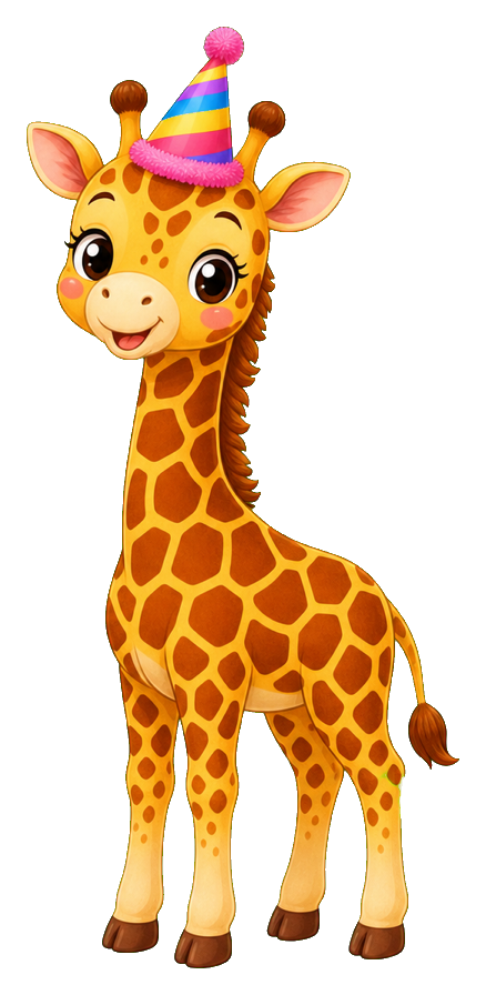 Cute giraffe wearing a colorful party hat and smiling.