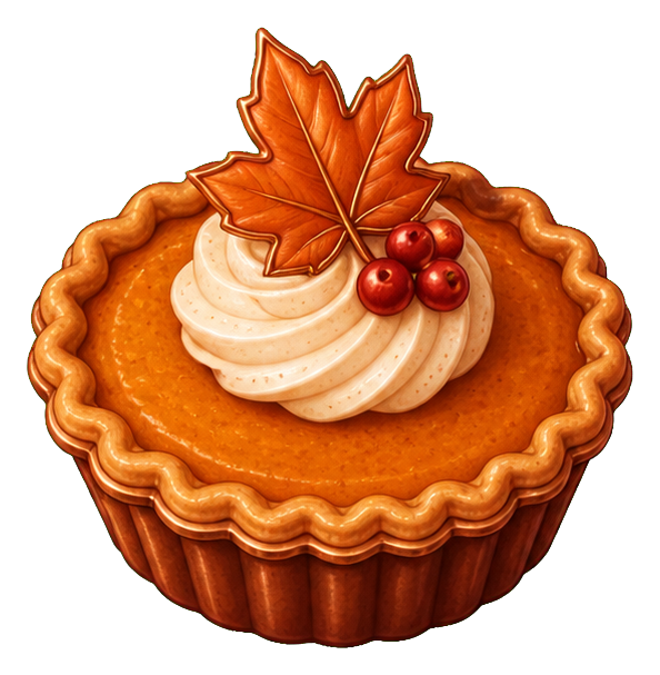 Pumpkin pie topped with whipped cream, a maple leaf, and red berries