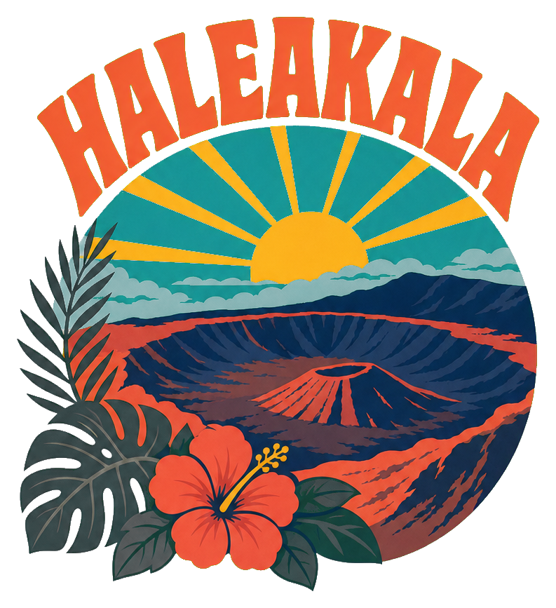 Retro Haleakala Sunrise text over a tropical mountain sunrise illustration with flowers and leaves