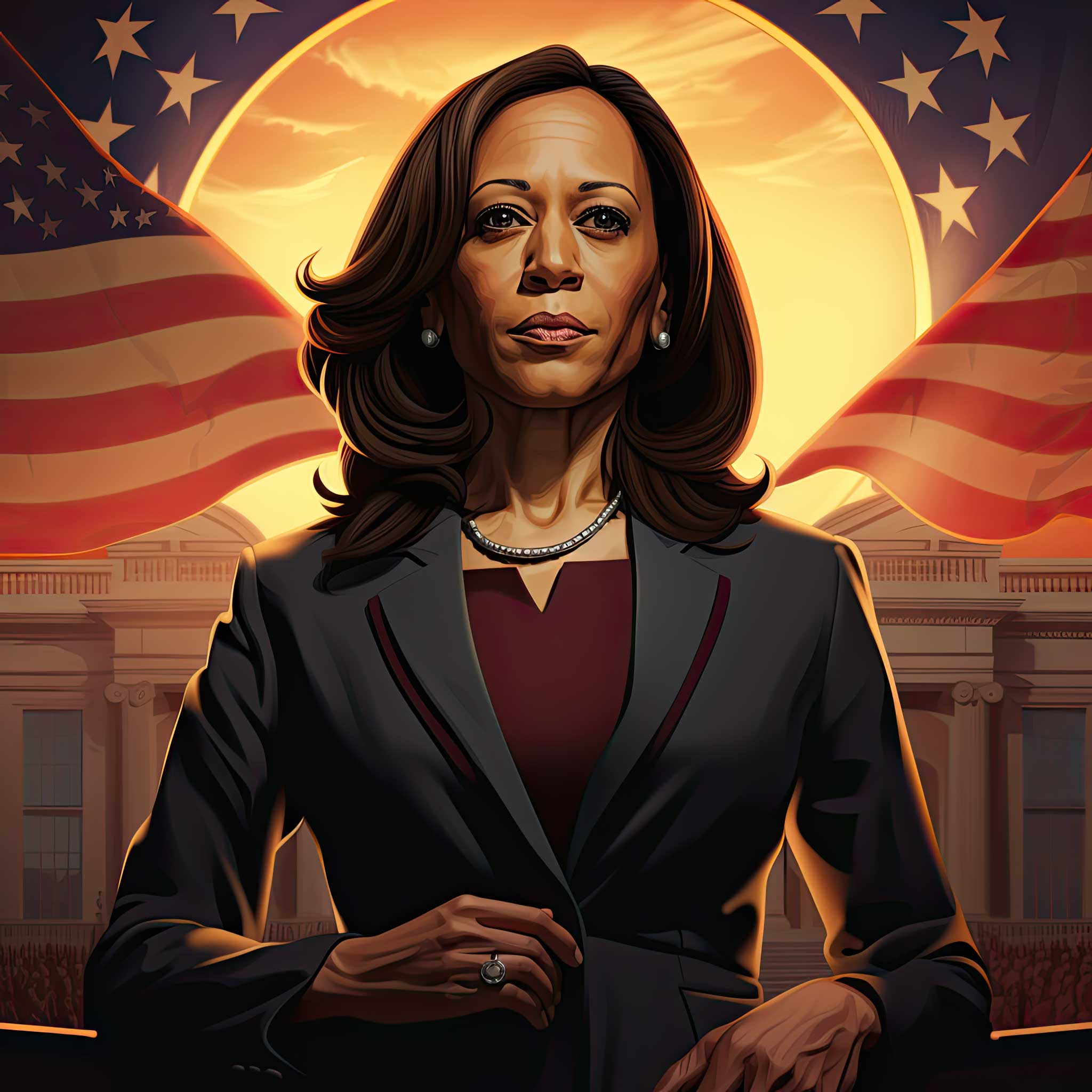 Portrait of Kamala Harris in front of a glowing flag and Capitol-style backdrop