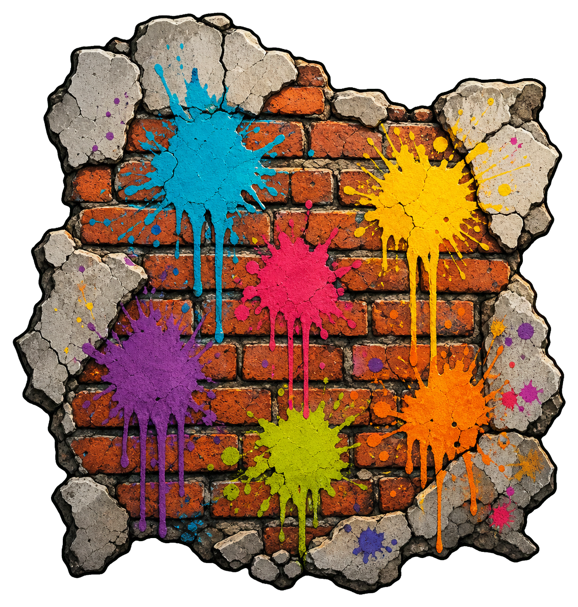 Brick wall fragment with colorful graffiti paint splashes and drips